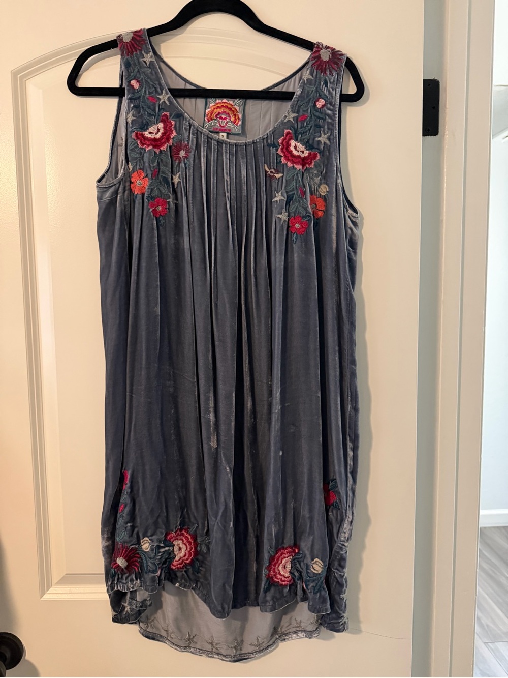 Johnny Was Slate Blue Velvet Midi Dress with Pink & Red Floral Embroidery